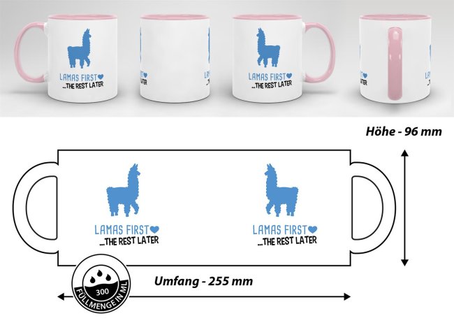 Tasse Lamas first rest later blau Rosa