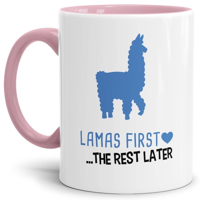 Tasse Lamas first rest later blau Rosa