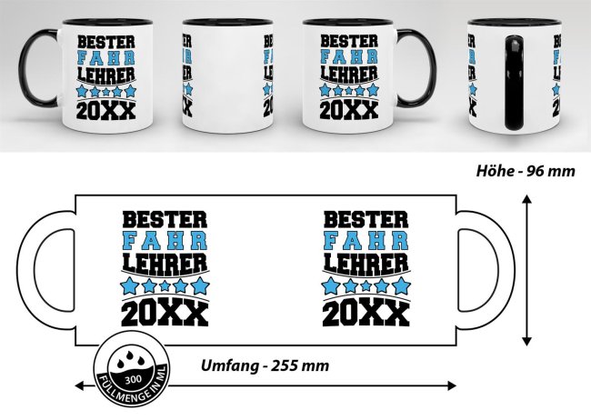 Tasse Bester Lehrer 2018 -verschiedene F&auml;cher- Fahr-Lehrer Innen &amp; Henkel Schwarz