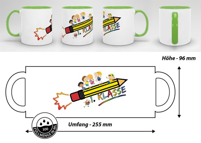 Tasse zur Einschulung - 1. Klasse Hellgr&uuml;n