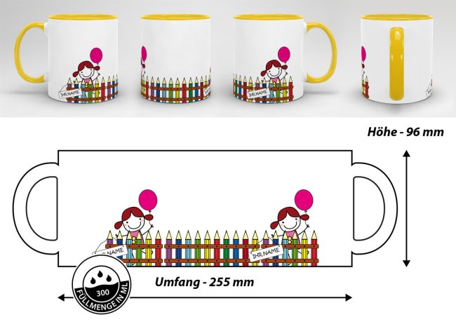 Tasse zur Einschulung - Einschulung M&auml;dchen Gelb