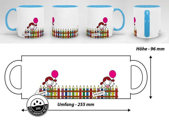 Tasse zur Einschulung - Einschulung M&auml;dchen Hellblau