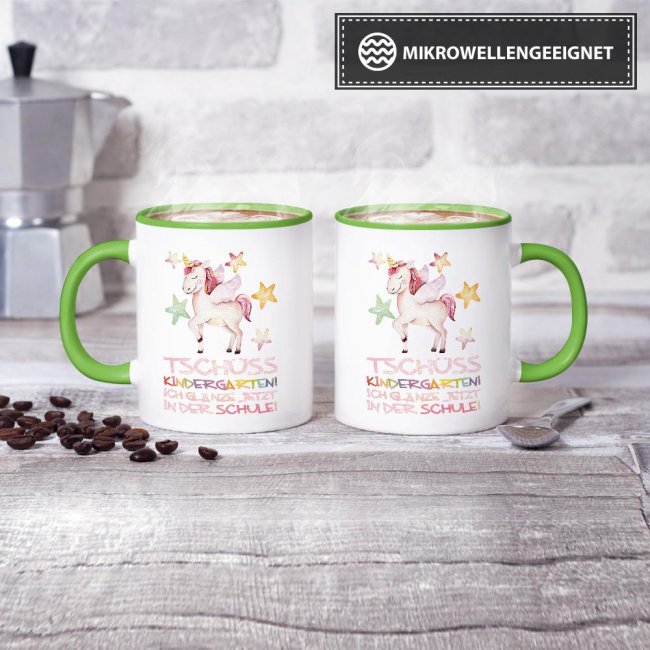 Tasse zur Einschulung - Tsch&uuml;ss Kindergarten Hellgr&uuml;n