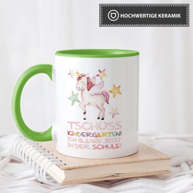 Tasse zur Einschulung - Tsch&uuml;ss Kindergarten Hellgr&uuml;n
