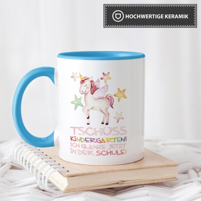 Tasse zur Einschulung - Tsch&uuml;ss Kindergarten Hellblau