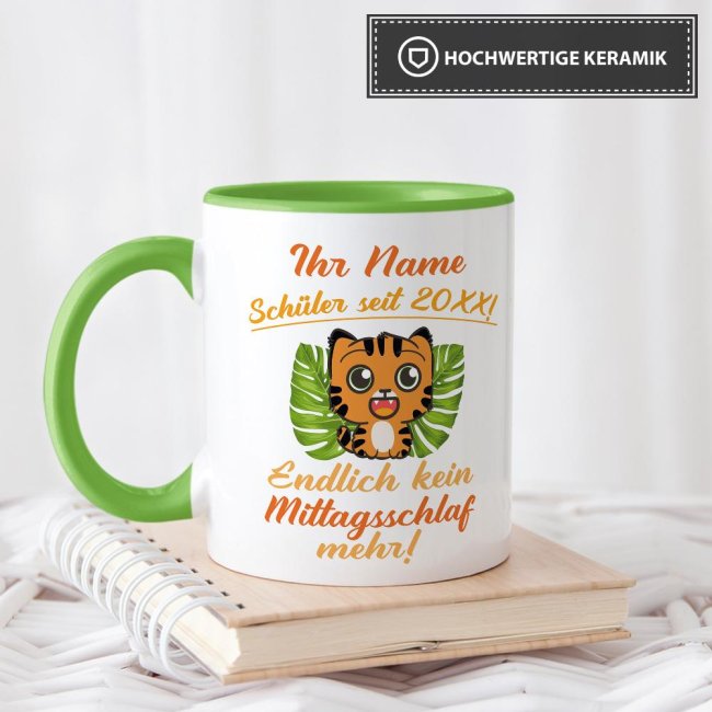 Tasse zur Einschulung - Tiger Hellgr&uuml;n