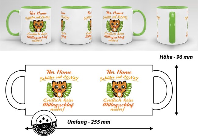 Tasse zur Einschulung - Tiger Hellgr&uuml;n