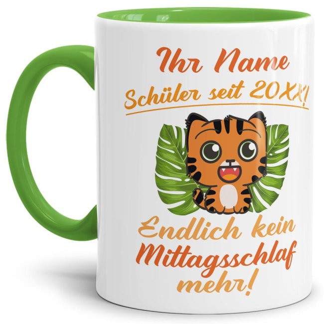Tasse zur Einschulung - Tiger Hellgr&uuml;n