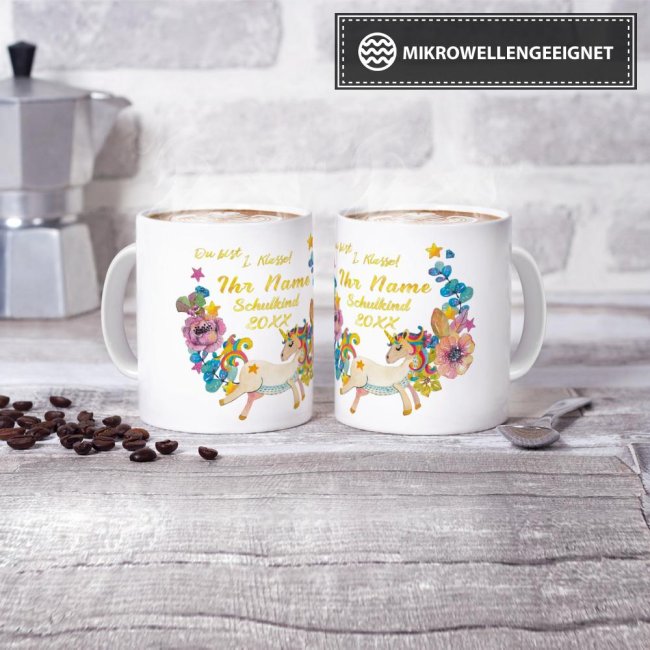Tasse zur Einschulung - Einhorn Weiss