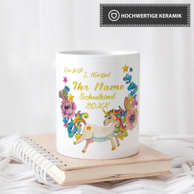Tasse zur Einschulung - Einhorn Weiss