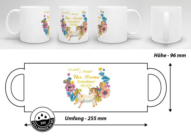 Tasse zur Einschulung - Einhorn Weiss