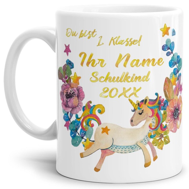 Tasse zur Einschulung - Einhorn Weiss
