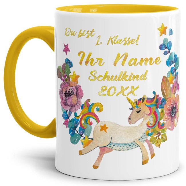 Tasse zur Einschulung - Einhorn Gelb