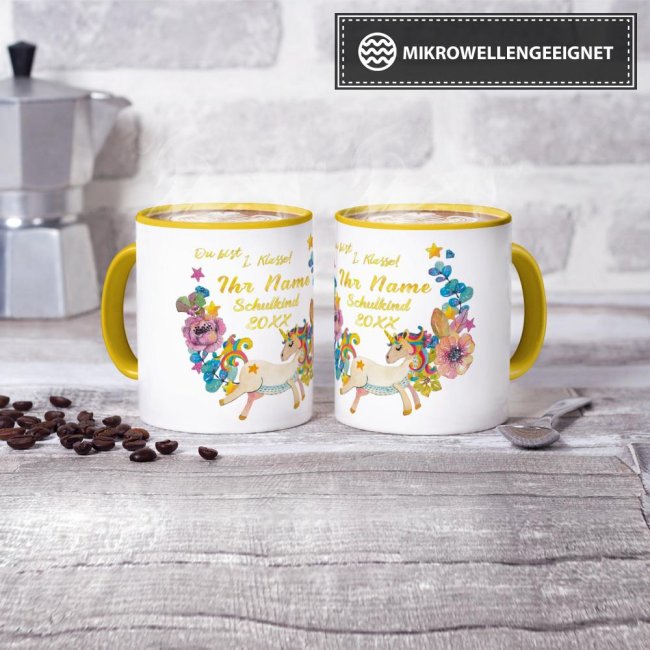 Tasse zur Einschulung - Einhorn Gelb