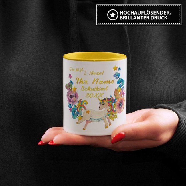Tasse zur Einschulung - Einhorn Gelb