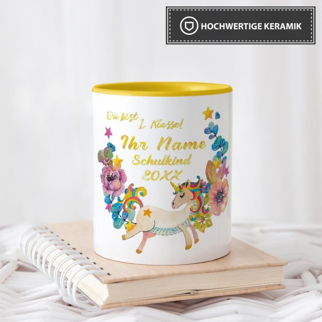 Tasse zur Einschulung - Einhorn Gelb