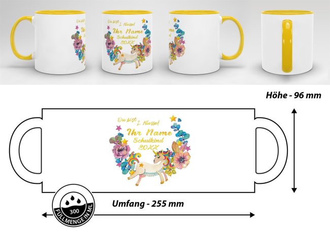Tasse zur Einschulung - Einhorn Gelb