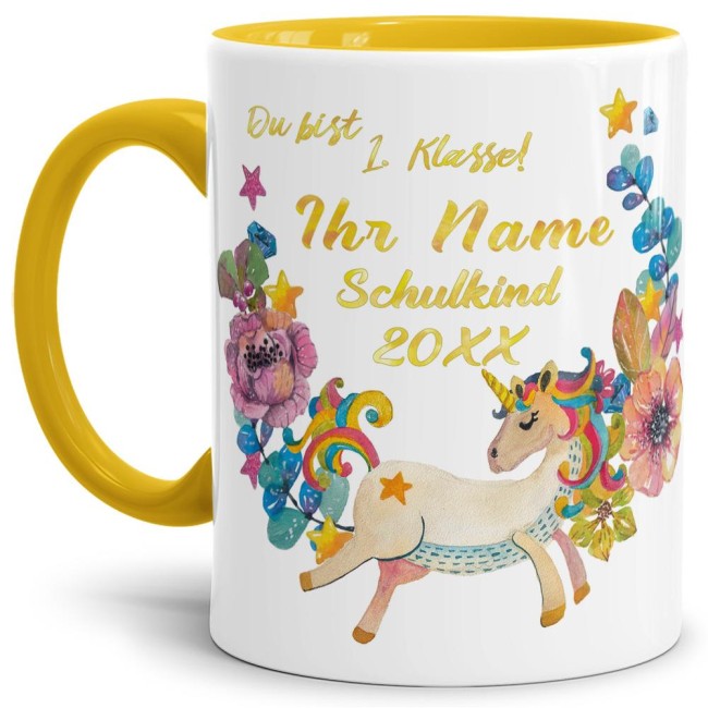 Tasse zur Einschulung - Einhorn Gelb