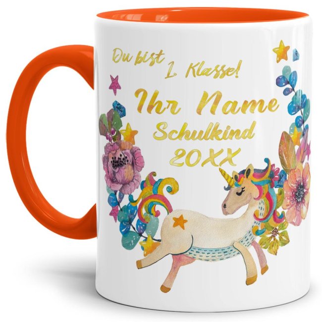 Tasse zur Einschulung - Einhorn Orange
