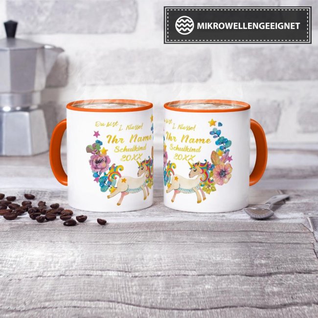 Tasse zur Einschulung - Einhorn Orange