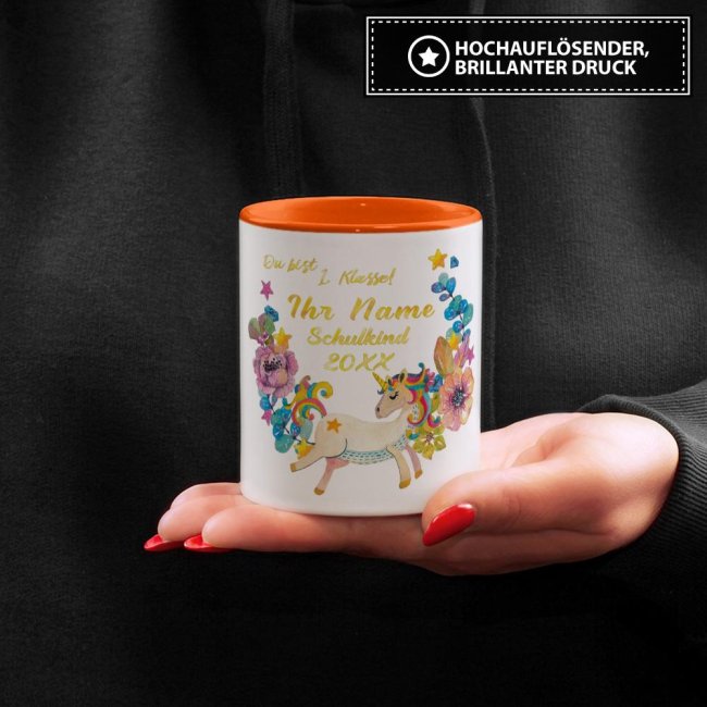Tasse zur Einschulung - Einhorn Orange