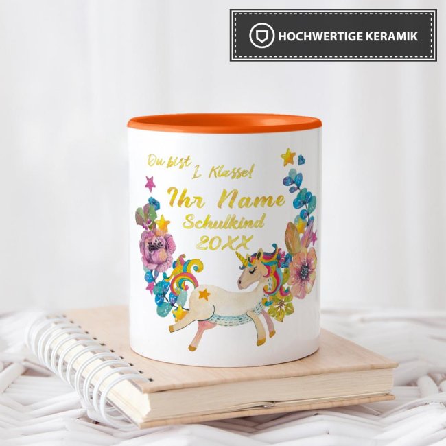 Tasse zur Einschulung - Einhorn Orange