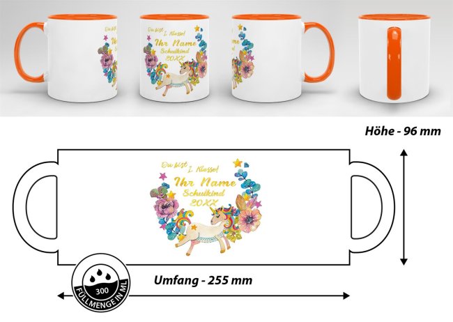 Tasse zur Einschulung - Einhorn Orange