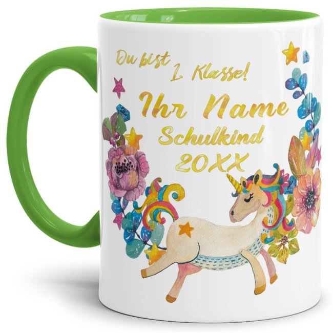 Tasse zur Einschulung - Einhorn Hellgr&uuml;n