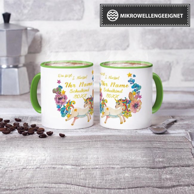 Tasse zur Einschulung - Einhorn Hellgr&uuml;n