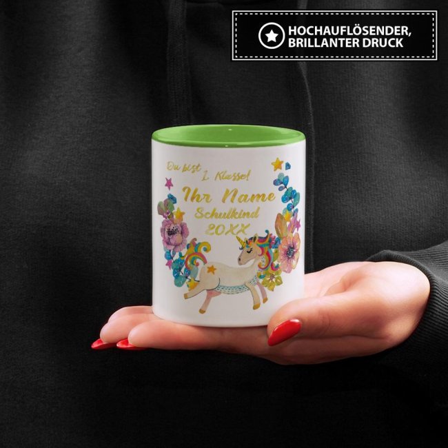 Tasse zur Einschulung - Einhorn Hellgr&uuml;n
