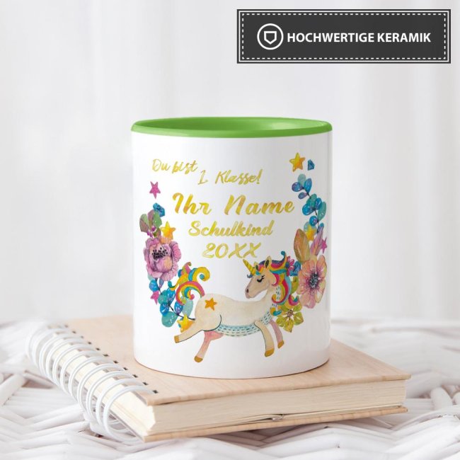 Tasse zur Einschulung - Einhorn Hellgr&uuml;n