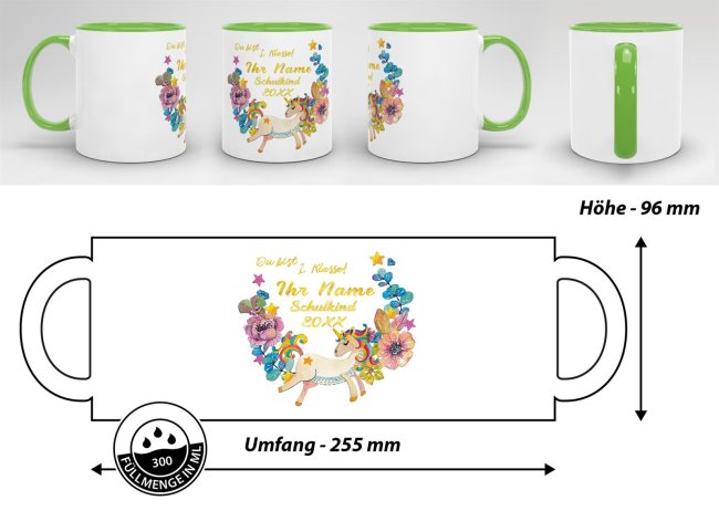Tasse zur Einschulung - Einhorn Hellgr&uuml;n