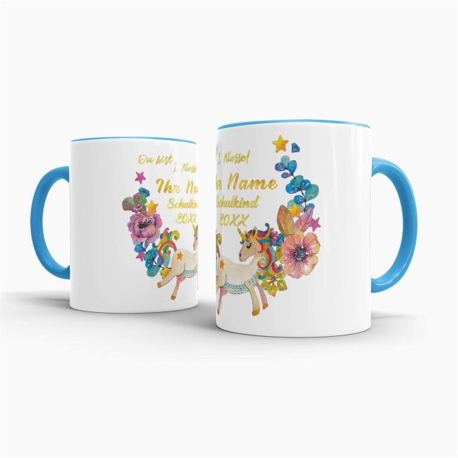 Tasse zur Einschulung - Einhorn Hellblau