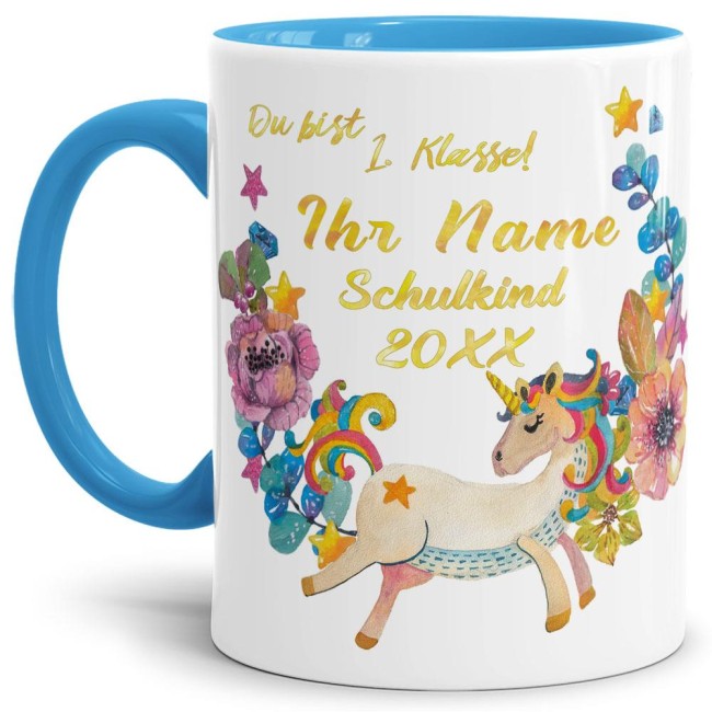 Tasse zur Einschulung - Einhorn Hellblau