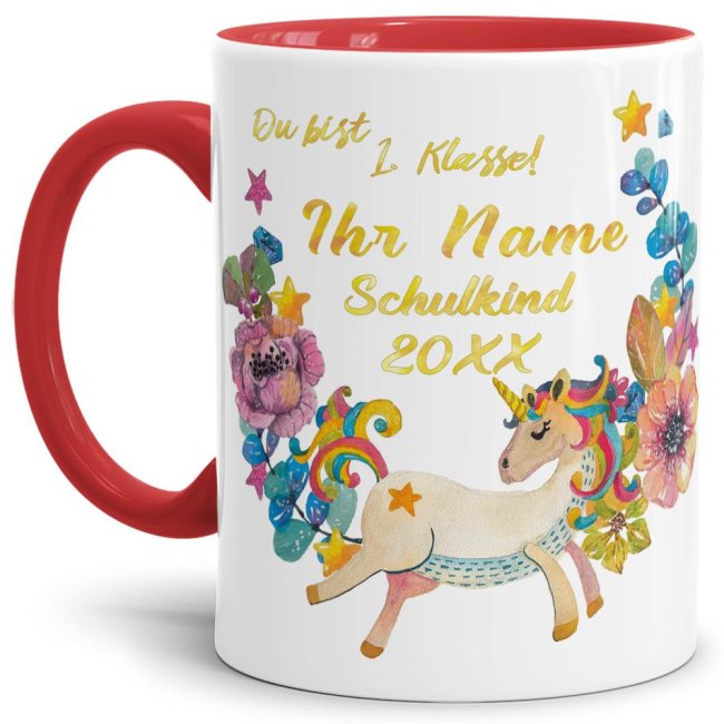 Tasse zur Einschulung - Einhorn Rot
