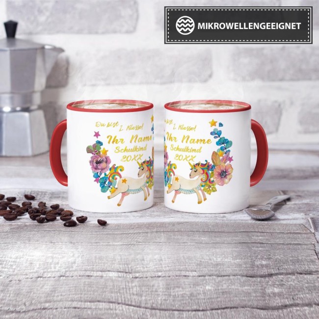 Tasse zur Einschulung - Einhorn Rot
