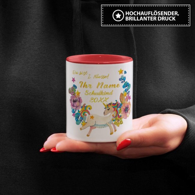 Tasse zur Einschulung - Einhorn Rot