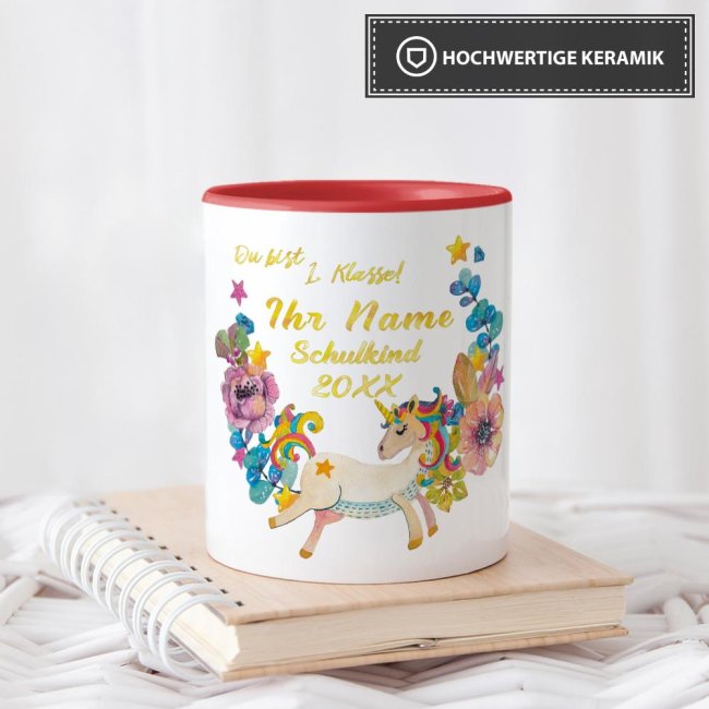 Tasse zur Einschulung - Einhorn Rot