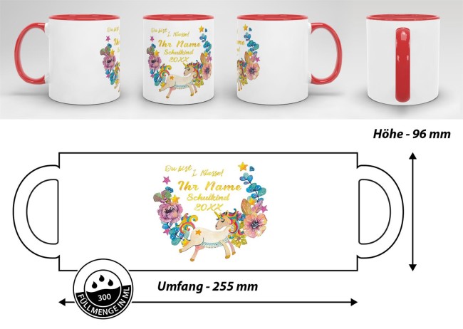 Tasse zur Einschulung - Einhorn Rot