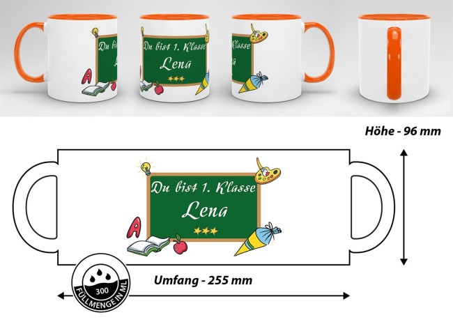 Tasse zur Einschulung - Du bist 1. Klasse Orange