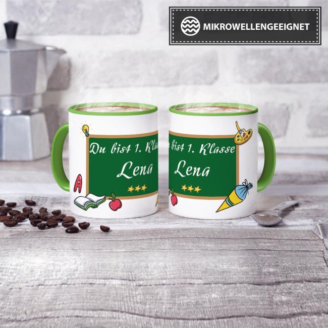 Tasse zur Einschulung - Du bist 1. Klasse Hellgr&uuml;n