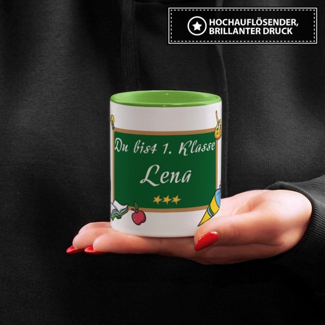Tasse zur Einschulung - Du bist 1. Klasse Hellgr&uuml;n