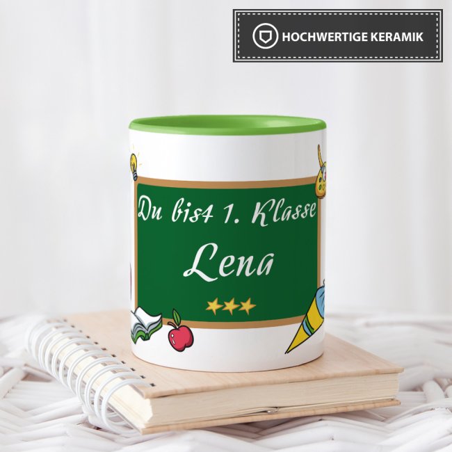 Tasse zur Einschulung - Du bist 1. Klasse Hellgr&uuml;n