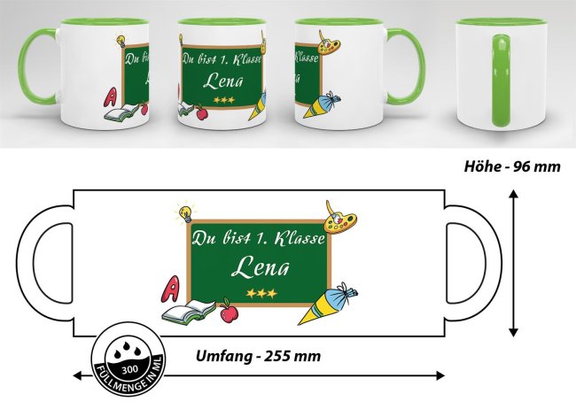 Tasse zur Einschulung - Du bist 1. Klasse Hellgr&uuml;n