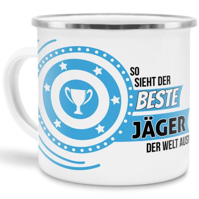 Emaille-Tasse mit Spruch - So sieht der beste J&auml;ger aus