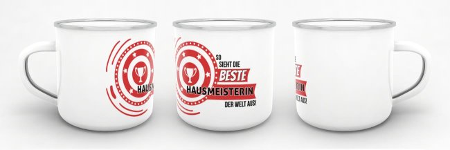 Emaille-Tasse mit Spruch - So sieht die beste Hausmeisterin aus