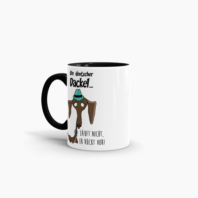 Dackeltasse - Ein deutscher Dackel l&auml;uft nicht, er r&uuml;ckt vor! - Innen &amp; Henkel Schwarz