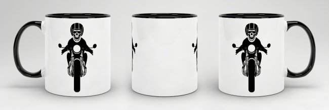 Tasse mit Totenkopf -verschiedene Motive- Innen &amp; Henkel Schwarz mit Motorrad