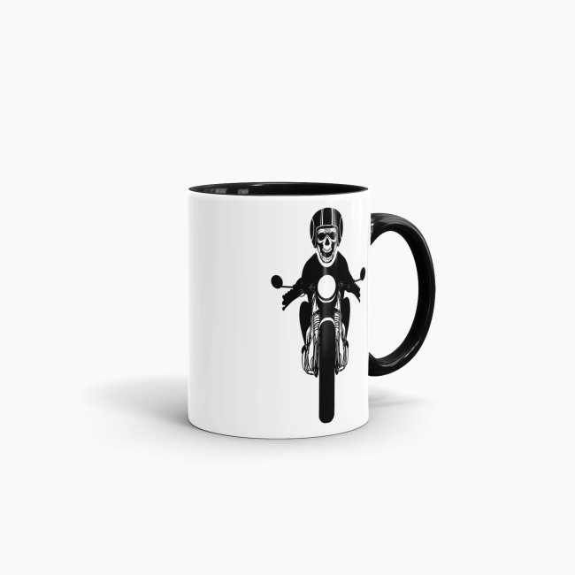 Tasse mit Totenkopf -verschiedene Motive- Innen &amp; Henkel Schwarz mit Motorrad