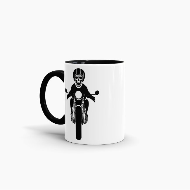 Tasse mit Totenkopf -verschiedene Motive- Innen &amp; Henkel Schwarz mit Motorrad